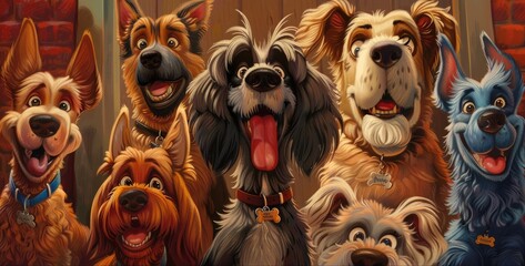 Wall Mural - A cheerful gathering of various dog breeds posing together in a lively urban setting with colorful backgrounds