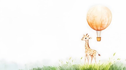 Wall Mural - Adorable watercolor illustration of a giraffe under a hot air balloon