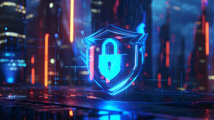 Poster - Futuristic digital landscape featuring a glowing shield and lock symbolizing cybersecurity