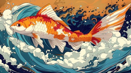 Aufkleber - a vibrant koi fish swimming through dynamic waves, showcasing nature's beauty.