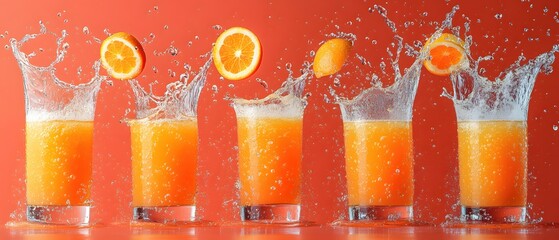 Poster - Vibrant Orange Juice Splash Freshness in Glassware Against a Bright Background