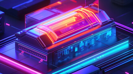 Poster - Futuristic neon-lit device on a digital circuit board with glowing elements