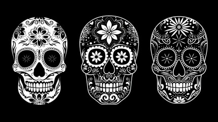 Sticker - Three intricately designed sugar skulls with floral patterns on a black background, celebrating cultural traditions