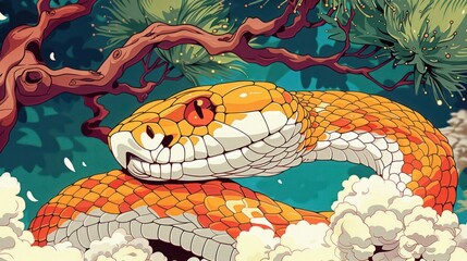 Poster - A vibrant, stylized illustration of a large orange snake amidst a lush, natural background.