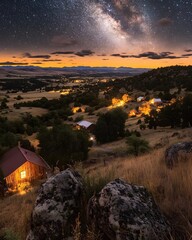 Wall Mural - rural landscape at night with illuminated cabins under a stunning milky way galaxy view