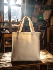 Poster - Blank Canvas Tote Bag Mockup on Rustic Wooden Table in Bright Workshop Sunlight