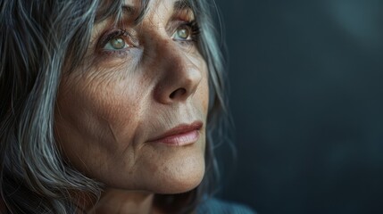 Wall Mural - Close-up portrait of a contemplative older woman with gray hair, gazing thoughtfully into the distance against a dark background