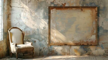 Poster - An antique armchair beside a weathered wall with peeling paint and an empty ornate frame, evoking nostalgia