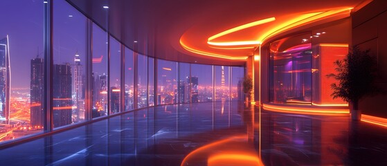 Poster - Futuristic Office Interior with Cityscape View at Night and Neon Lighting Design Concept