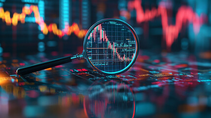 Poster - Magnifying Glass Stock Market Data Analysis Financial Chart Red Blue Graph Growth Trends Screen     