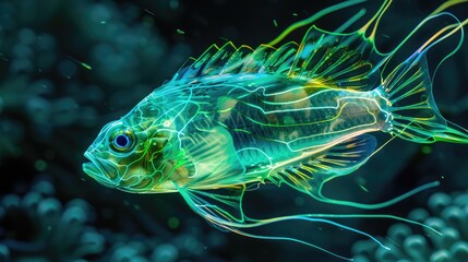 Wall Mural - A vibrant, illuminated fish swimming gracefully through a colorful underwater environment, surrounded by coral