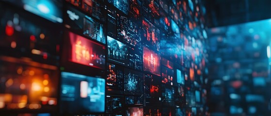 Poster - Futuristic Display Wall with Glowing Screens Showing Data and Information Technology
