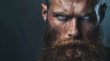 Wall Mural - Intense close-up portrait of a bearded man with striking blue eyes, showcasing rugged features and dramatic lighting