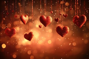 Poster - Hanging Red Hearts Sparkle Against a Warm Bokeh Background for Love and Romance Concept