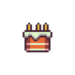 Poster - birthday cake with candles pixel art icon. isolated vector illustration. game assets 8-bit sprite. d