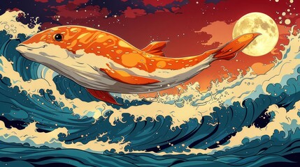 Poster - An artistic depiction of a vibrant orange fish leaping through ocean waves under a full moon.