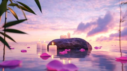 Wall Mural - bamboo, candles, and pink petals floating on water, with a rock in the middle and a blue sky with purple clouds in the background. High definition, very detailed. 