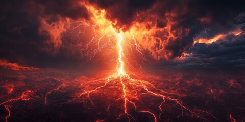 Wall Mural - a massive lightning bolt, with dark clouds in the background and light on top of it. The bottom is covered by brown rocks. 