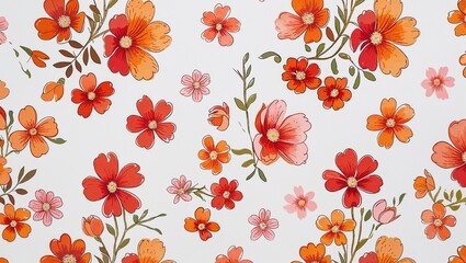 Poster - Ditsy Floral Pattern with Small Red, Orange, and Pink Flowers on White Background for Spring Bouquet Design