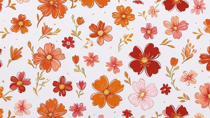 Poster - Ditsy Floral Pattern with Small Red, Orange, and Pink Flowers on White Background for Spring Bouquet Design