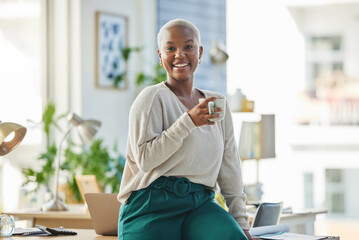 Poster - Portrait, business and black woman in office, coffee and morning with smile, confidence and startup. African person, face and happy entrepreneur for fashion company, espresso or break with herbal tea