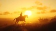 © MiltonKumar - Cowboy riding a horse silhouetted against picturesque ranch view