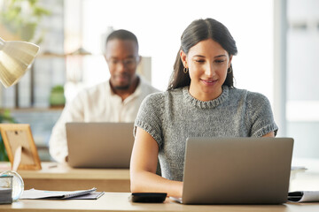 Poster - Laptop, internet and business people in office, planning for budget and financial report. Email notifications, connection or employees with pc, audit or bookkeeping with profit growth or research