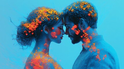 Wall Mural - The couple shares a joyful embrace with a soft out-of-focus background of glowing heart lights dreamy colors and rich detail in ultra-high resolution