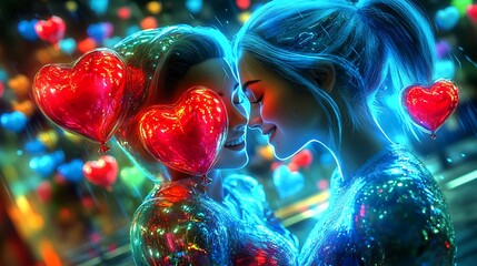 Wall Mural - A cinematic moment where the couple dances together among heart-shaped balloons with warm glowing light and romantic depth-of-field effects ultra-realistic detail