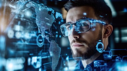 Poster - man analyzing digital data in high-tech environment