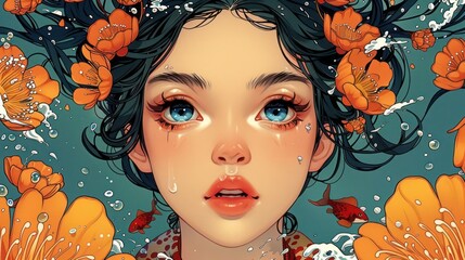 Aufkleber - A vibrant portrait of a girl with flowers and water, evoking emotion and beauty.