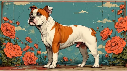 Poster - A stylized illustration of a dog standing amidst blooming roses against a vibrant background.