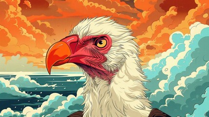 Poster - A stylized illustration of a bird with a vibrant background of waves and clouds.