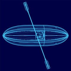 Poster - A blue drawing of a kayak with a paddle in the water. The kayak is in the middle of the image and the paddle is on the right side