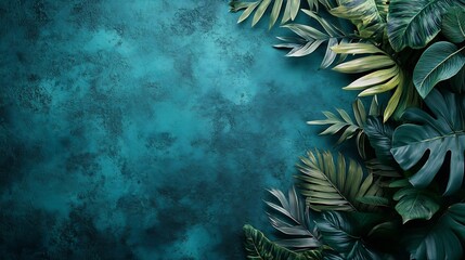 Wall Mural - Lush tropical leaves elegantly frame a teal textured background. AI Generated