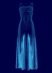 Poster - A blue dress with a long skirt is shown in a blue background. The dress is very long and has a very slim silhouette
