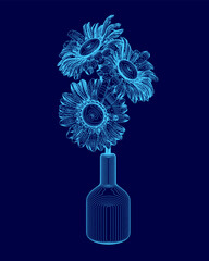 Poster - A blue vase with three sunflowers in it. The flowers are in a clear glass vase and are arranged in a way that they are all facing the same direction. The vase is placed on a blue background