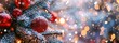 © Sana - Christmas background with red Christmas balls on the branches of an evergreen tree, night sky with snowflakes falling, glowing lights in the dark background
