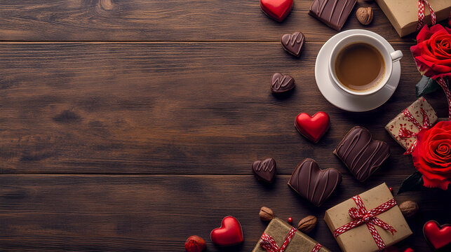 Valentine's day banner with coffee cup, heart shape chocolate, rose flowers and gift boxes ai generative