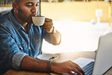 Poster - Remote work, man and drinking coffee in cafe with laptop, research and creative writing in restaurant. Beverage, freelance editor and computer in diner for social media, hospitality review or editing