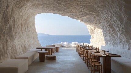 Wall Mural - Modern minimalist restaurant inside a cave, overlooking the blue Aegean Sea in Santorini, Greece.