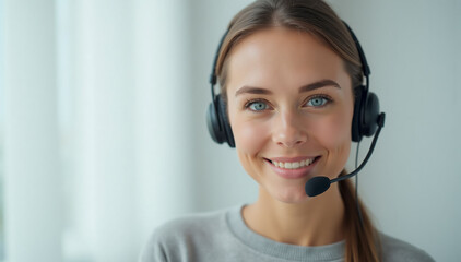 Portrait of a Young Female Customer Service Assistant with Headset IN well-lit office room