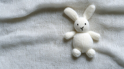 Wall Mural - Soft knitted Easter bunny on white linen cloth, perfect for spring decor