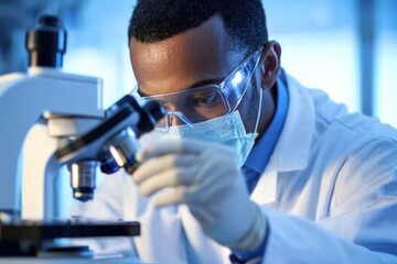 Poster - Scientist Analyzing Samples Under Microscope in Lab