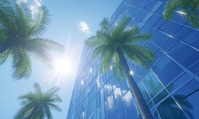 Wall Mural - blue building with glass windows and the sun shining through, palm trees in the foreground, a bright blue sky, and a low-angle shot. 