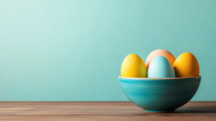 Wall Mural - Colorful Easter eggs in rustic ceramic bowl on wooden table