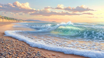 Wall Mural - Serene Beach Landscape at Sunrise with Gentle Waves and Colorful Skies Over a Pebble Shoreline