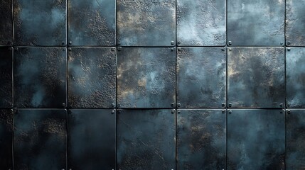 Wall Mural - Dark moody textured metal wall background deep blue tones. AI Generated