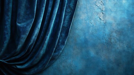 Wall Mural - Deep blue velvet curtain elegantly drapes against a textured wall subtly lit. AI Generated