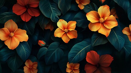 Wall Mural - Vibrant orange and red flowers bloom softly against deep green foliage a lush detailed image. AI Generated